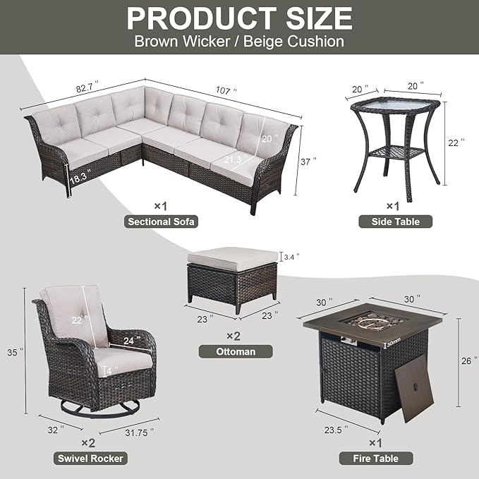 Outdoor Sectional Furniture Sofa Set with Propane Fire Pit Table, Wicker Patio Conversation Set with 2 Swivel Rocker Glider Chairs Beige Cushion Perfect for Backyard Casual Gathering