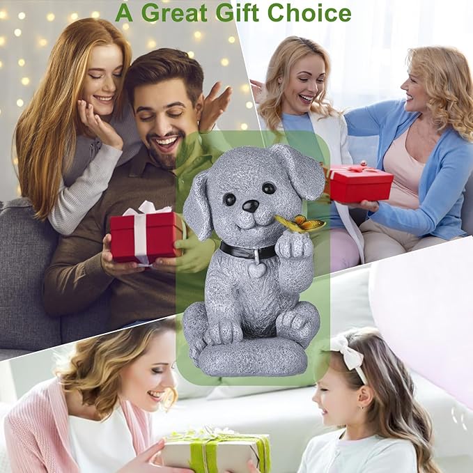 Solar Dog Statue Garden Decor with Butterfly Light – Waterproof Outdoor Yard Art for Patio, Lawn, Balcony for Mother’s Day, Father’s Day, Housewarming, Mom, Dad, Grandma, Men, Women