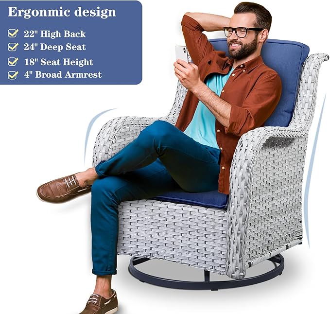 5 Piece Outdoor Patio Furniture Set - Patio Wicker Furniture Conversation Set, Outdoor Swivel Rocker Chairs with Loveseat Sofa and 2 Ottomans for Small Space, Blue Cushion