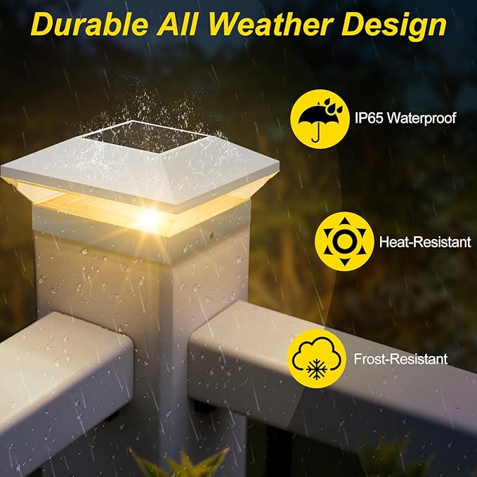 T-SUN Bright Solar Post Cap Lights 6 Pack – Outdoor Waterproof Solar Powered Deck Fence Post Lights for Wooden (4x4/6x6) & Vinyl (4x4/5x5) Posts – 2 Modes for Garden, Patio, Gate, Mailbox, Porch