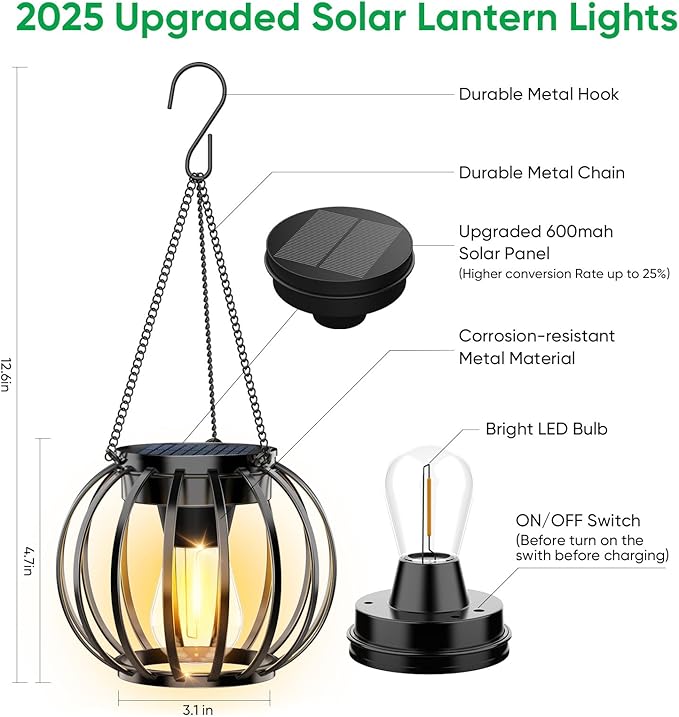Solar Lanterns Outdoor Waterproof: 2 Pack Solar- Powered Metal Hanging Lights for Patio Garden Porch Yard - Weatherproof Auto On/Off Bright LED Decorations - Gardening Gifts for Women Mom