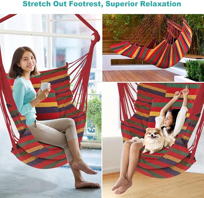 Outerman Hammock Chair, Hanging Chair with 3 Cushions and Foot Rest Support, Sturdy Metal Spreader Bar Max 440 Lbs, Swing Chair for Bedroom, Indoor & Outdoor, Patio, Porch or Tree（Red）