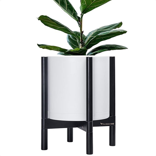 D'vine Dev Planter Pot with Stand - 12 Inch Plastic Cylinder Flower Pot with Wood Planter Holder for Indoor, Matte White Pot + Ebony Stand, 55-C-Q-1