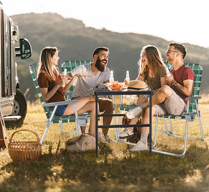 VINGLI Folding Aluminum Webbed Lawn Chairs with Detachable Cup Holder, High Beach Chair for Adults Heavy Duty, Portable Patio Chair, Camping Chair for Yard, Garden, 2 Pack