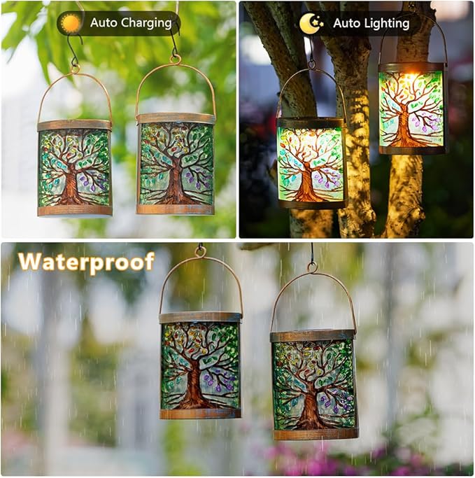 Starsoul 2 Pack Hanging Solar Lantern Outdoor Waterproof Glass Tree of Life Decorative Solar Lights for Outside Garden Yard Table Patio Decor