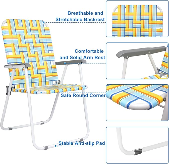 VINGLI Patio Lawn Webbed Folding Chairs Set of 2, Outdoor Beach Chair Portable Dining Chair for Outdoor Yard, Garden (Yellow, Classic)