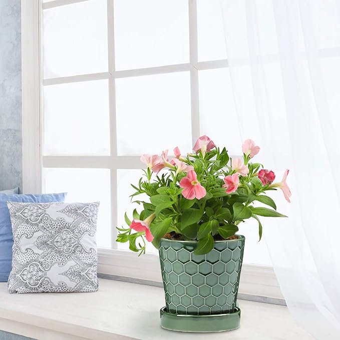 Ceramic Plant Pots,4+5+6 Inch Pots for Indoor Plants,Planters with Drainage Holes and Ceramic Tray, Indoor Flower Pots Gardening Home Desktop Office Windowsill Decoration Gift,Set of 3 (Patina)