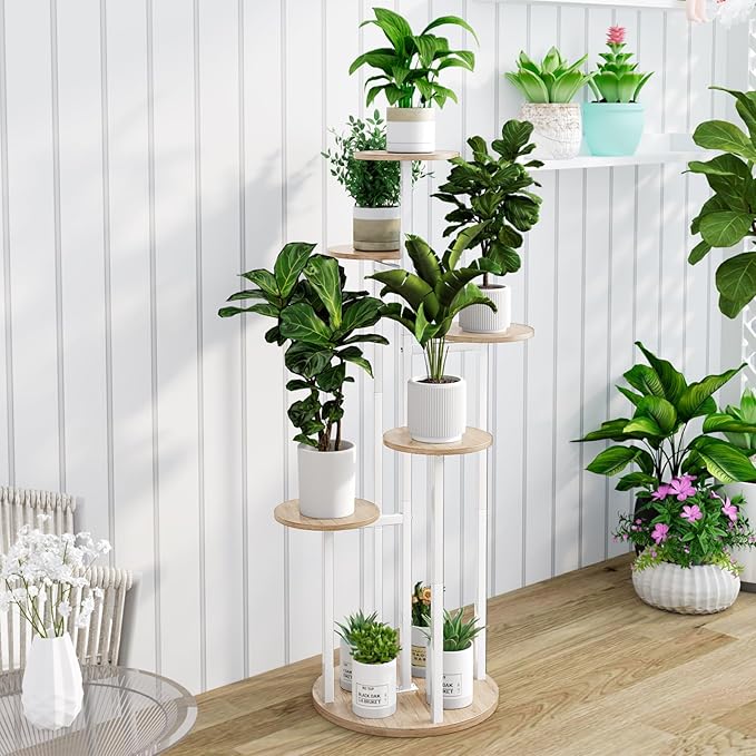 Plant Stand Indoor 6 Tier 9 Potted Multiple Flower Pot Holder for Patio Garden Balcony Living Room Corner (6 Tier White+Sonoma Oak)
