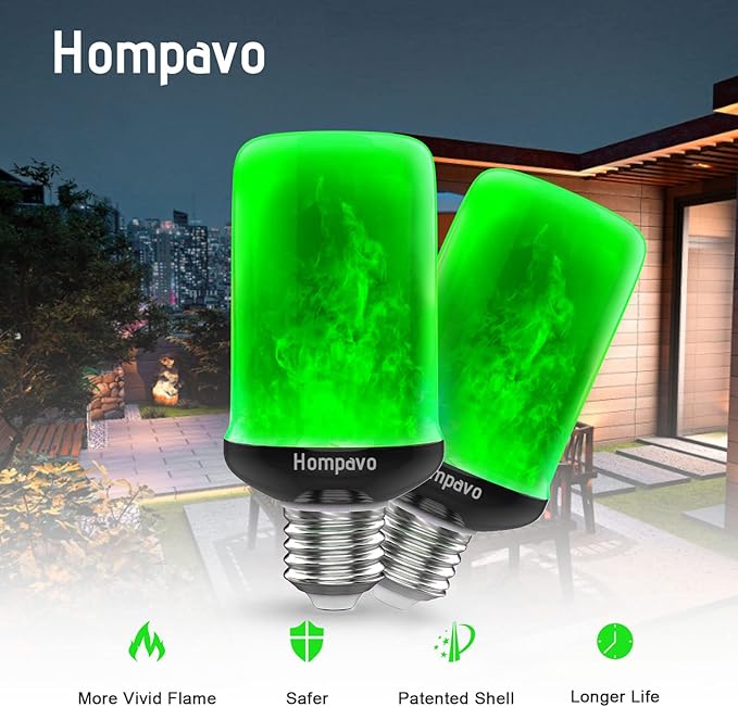 Hompavo 【Upgraded】 LED Flame Light Bulbs, Green Flickering Light Bulbs with Upside Down Effect, E26 Flame Bulb for Home Halloween St. Patrick's Day Christmas Decorations Indoor & Outdoor, 2 Pack