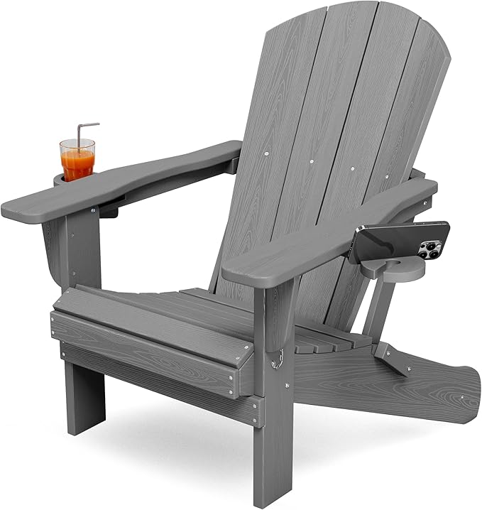 KINGYES Folding Adirondack Chair with Dual Cup Holders - HDPE All-Weather Outdoor Chairs, Wood-Like Patio Chair for Backyard, Camping, Pool & Fire Pit, Grey