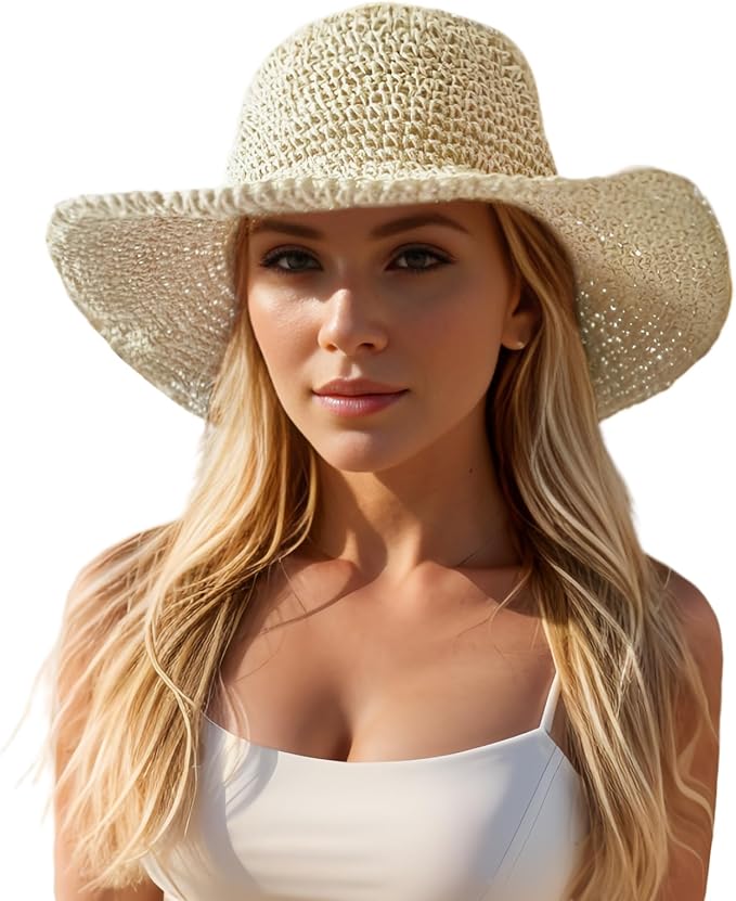 Floppy Big Beach Straw Hats for Women Foldable Summer Wide Brim Packable Sun Hat Womens Travel Straw Fedora Hat
