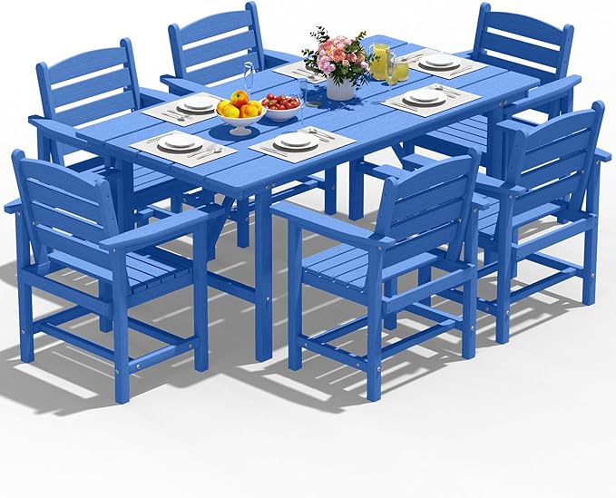 Patio Dining Set for 6 with Umbrella Hole - 66" Outdoor Table & 6 Chairs, All-Weather HDPE Outdoor Furniture for Lawn, Garden, Backyard, Poolside, Navy