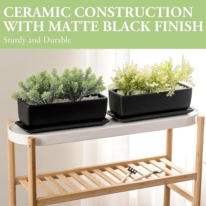 MyGift Matte Black Ceramic Indoor Plant Pot Succulent Planter, Decorative Flower Planter with Drainage Hole and Removable Tray (14 inch - 2 Pack)