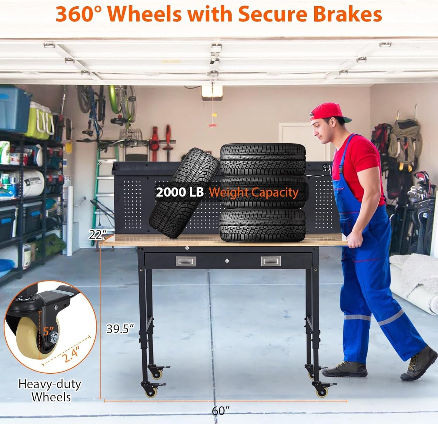 60'' Adjustable Workbench, Heavy Duty Workbench with Drawer and Backplate, 2000 LBS Capacity Work Table with Power Outlet and Lockable Wheels, Suitable for Office, Garage, Workshop