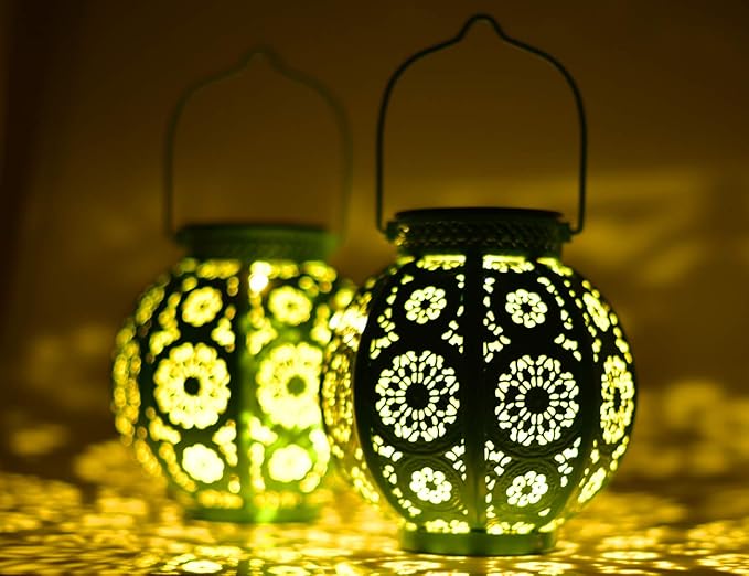 Bohemian Garden Solar Lanterns, Set of 2 Moroccan Outdoor Waterproof Landscape Solar Lights for Backyard Pathway Patio Tree Table Decor (Turquoise)