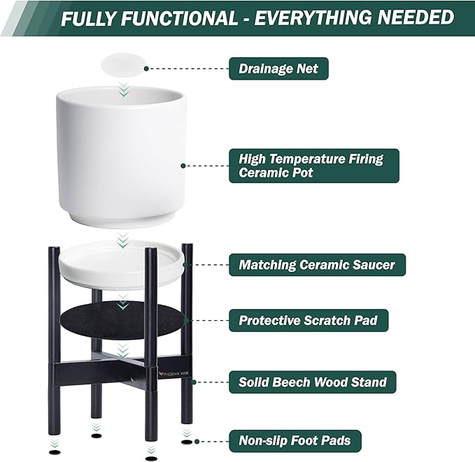 D'vine Dev Ceramic Planter with Ebony Stand - 12 Inch Modern Round Flower Pot with Wood Planter Holder, White, 55-B-H-1