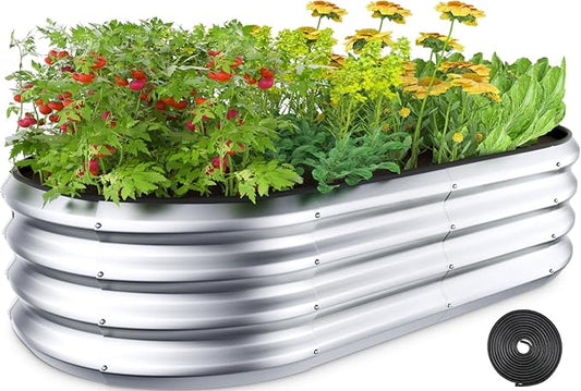 Raised Garden Bed Kit, 4x2x1 ft Galvanized Planter Box Outdoor with Safety Edging, Large Metal Raised Beds for Gardening Vegetables Flower Herb (Silver)