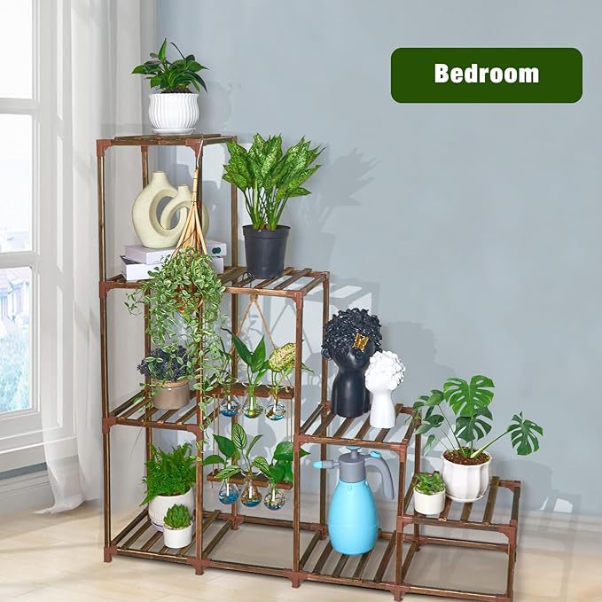 XXXFLOWER Plant Stand Indoor Outdoor Wood Plant Shelf for Multiple Plants ，Large Plant Rack for Window Garden Balcony Patio Porch Living Room (Brown-8 Potted)