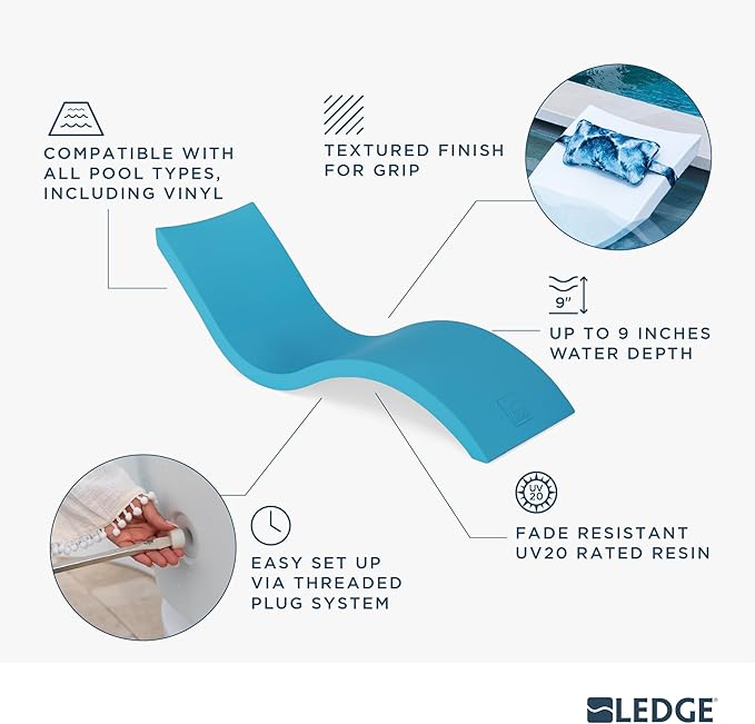 Ledge Lounger - Signature Chaise - Inside Pool & Sun Shelf Lounge Chair - Designed for Shallow Shelves Up to 9” - Compatible with All Pool Types - Poolside & Sun Deck Tanning - Set of 2 - Granite Grey