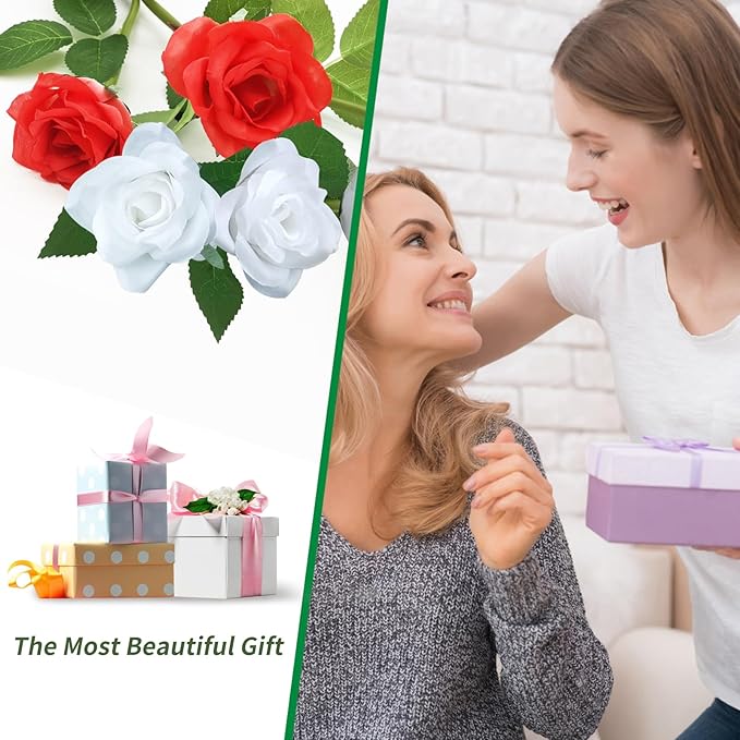 Solar Garden Lights, Solar Outdoor Lights with More Realistic 20 Rose Waterproof Solar Powered Flowers Lights for Outside Patio Yard Pathway Decorations, White and Red