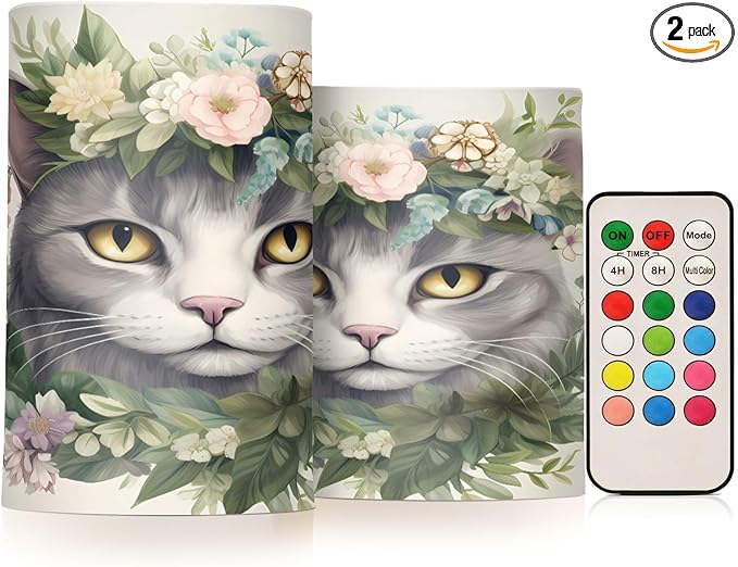 Flickering Flameless Candles, Cat Head Flowers LED Candles with Remote Timer, Set of 2 Battery Operated Candle for Valentine Wedding Birthday