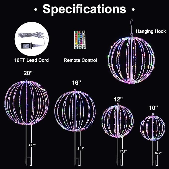 Christmas Ball Sphere, 10IN 48LED Hanging Tree and Pathway Light With Hook and Stake, Foldable Metal Frame Ball for Outdoor Garden, UL Listed, White Frame, RGB