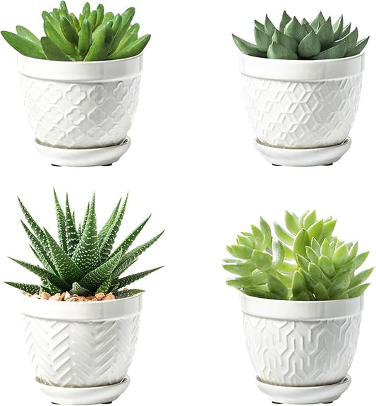 Sureasy Succulent Pots, 3.5 Inch Flower Pots for Indoor Plants, Small Plant Pots with Saucer & Drainage, Decorative Ceramic Planters for Succulent, Cactus, Set of 4, White