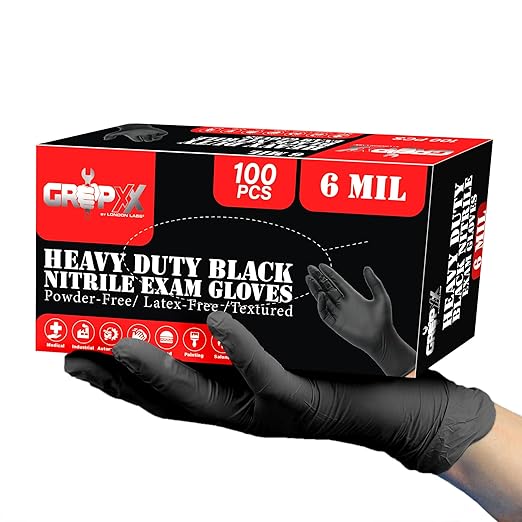 Heavy Duty 6 Mil Black Nitrile Gloves - Disposable, Latex & Powder Free | Mechanic, Food Prep & Tattoo | Rubber Gloves for Cooking, Cleaning & Household | Pack of (200)