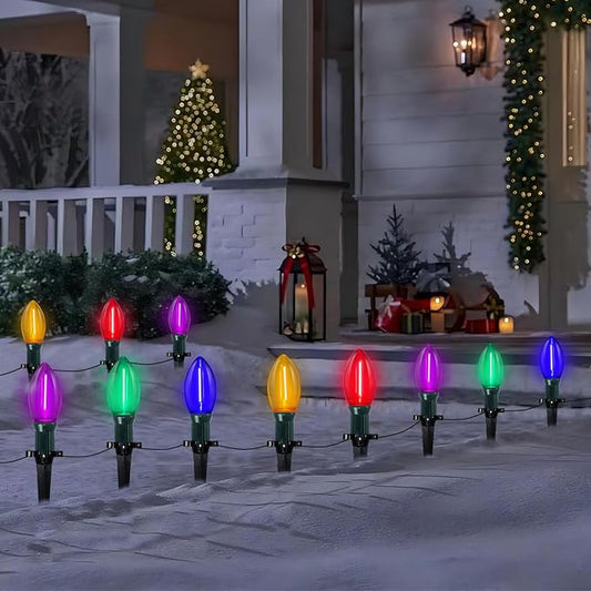 38Ft C9 LED Christmas Pathway Lights Outdoor, 25 Multicolor Bulbs String Waterproof With Stakes, Connectable Walkway for Outdoor Yard Lawn Sidewalk Driveway Decor