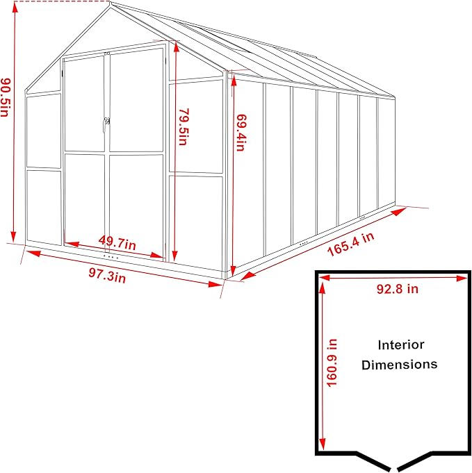 8x14 FT Green House for Outdoor, Polycarbonate Aluminum Walk-in Greenhouse Kit with Lockable Door and Adjustable Roof Vents, Backyard Garden in Winter, Gray