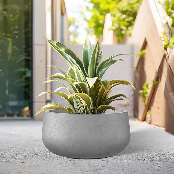Kante 11.8" Dia Round Concrete Planter, Cement Plant Pots with Drainage Hole and Rubber Plug for Outdoor Indoor Garden Home, Modern Curvaceous Design, Natural Concrete