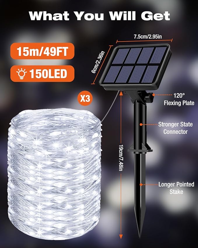 3 Pack Solar Fairy Lights for Outside Waterproof, 49FT/15M 150LED Solar String Light Outdoor 8 Modes Solar Twinkle Lights for Garden Yard Christmas Tree Wedding Party Decor, Cool White