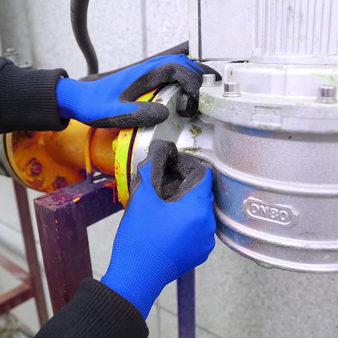 Evridwear Crinkle Latex Rubber Hand Coated Safety Work Gloves for Men Women General Multi Use Construction Warehouse Gardening Assembly Landscaping (L-Size) Blue 120 Pairs Pack