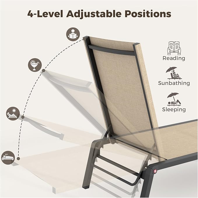 Patio Chaise Lounge Set of 2 with 4 Adjustable Backrest, Foldable Aluminum Chaise Lounge Chair Recliner for Outdoor, Poolside, Sun Tanning Flaxen