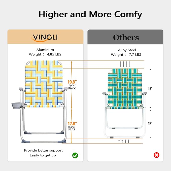 VINGLI Aluminum Patio Lawn Chairs Folding Set of 2 with Detachable Cup Holder, Webbed Beach Chair Folding Chair Outdoor Portable Camping Chair for Yard, Garden