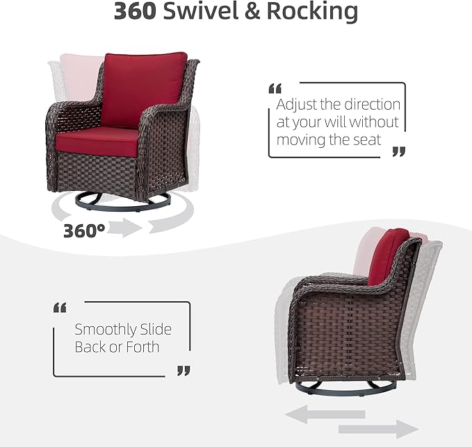 Towallmark Outdoor Swivel Wicker Glider Patio Chairs with Table Set, 3 Pieces Outdoor Bistro Set with 4”Thick Cushions and Coffee Table for Porch, Balcony, Deck (Red)