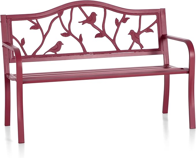 PHI VILLA Outdoor Patio 50" Metal Park Bench Red, Steel Frame Bench with Backrest and Armrests for Porch, Patio, Garden, Lawn, Balcony, Red Bird
