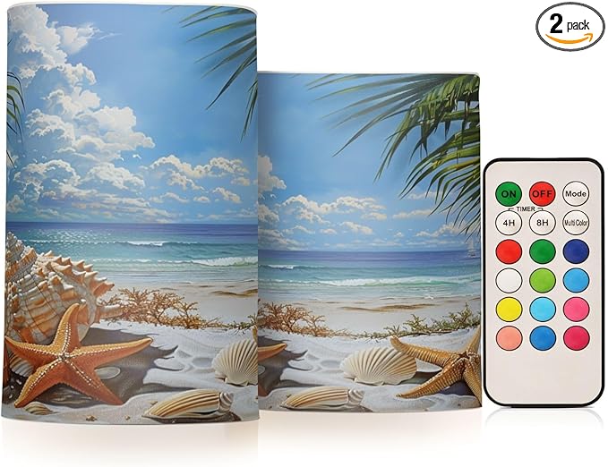 Flickering Flameless Candles, Starfish Seashell Beach Palm LED Candles with Remote Timer, Set of 2 Battery Operated Candle for Valentine Wedding Birthday