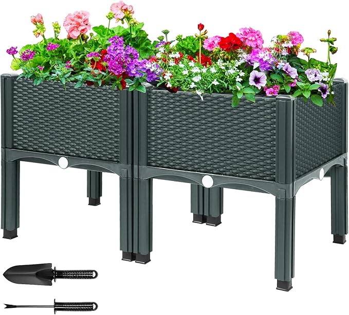 MAYOLIAH Raised Garden Bed with Drainage Elevated Planter Box Plastic Raised Beds for Gardening Vegetables Herb Flowers, Perfect for Indoor Outdoor Planting, 2 Boxes Grey