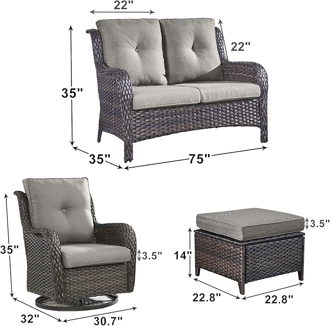 Outdoor Wicker Patio Furniture Set - 5 Piece Rattan Patio Conversation Set with 2 Rocking Swivel Chairs,2 Ottomans and 1 Loveseat for Porch Deck Backyard Garden(Brown/Grey)