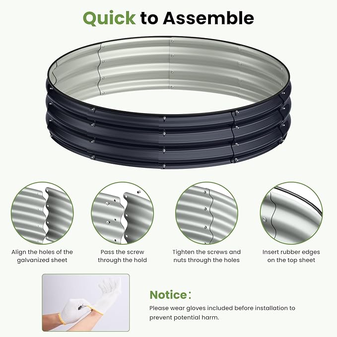 Round 4x4x1 FT Galvanized Raised Garden Bed Kit, Large Metal Planter Box for Outdoor Gardening, Garden Bed for Vegetables Flower Herb(Midnight Gray)