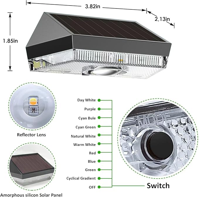 HENRE Solar Fence Lights - 9 Color Modes & Cyclical Gradient, IP44 Waterproof Solar Lights Outdoor, Auto On/Off, Fence Lights Solar Powered for Garden, Pathway, Yard Decor (6-Pack)