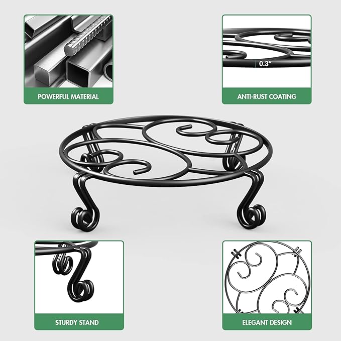 Yimobra 2 Pack Plant Stand for Flower Pot Heavy Duty Potted Holder Indoor Outdoor Metal Rustproof Iron Garden Container Round Supports Rack for Planter (11.8Inches, Black)