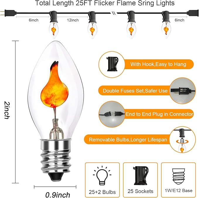 C7 Christmas Flicker Flame String Lights, 25Ft C7 Outdoor Christmas Decorations String Lights with C7 Clear Flicker Flame Bulbs, Hanging Patio Lights for Christmas Halloween Party Garden Porch-Black