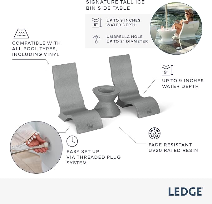 Ledge Lounger Signature Chair Set - Two Chairs - Ice Bin Side Table - in-Pool - On-Deck - Water Depths 0-9” - All Types - Resin Water Chairs - Pool, Sundeck, Outdoor Patio (Granite Grey)