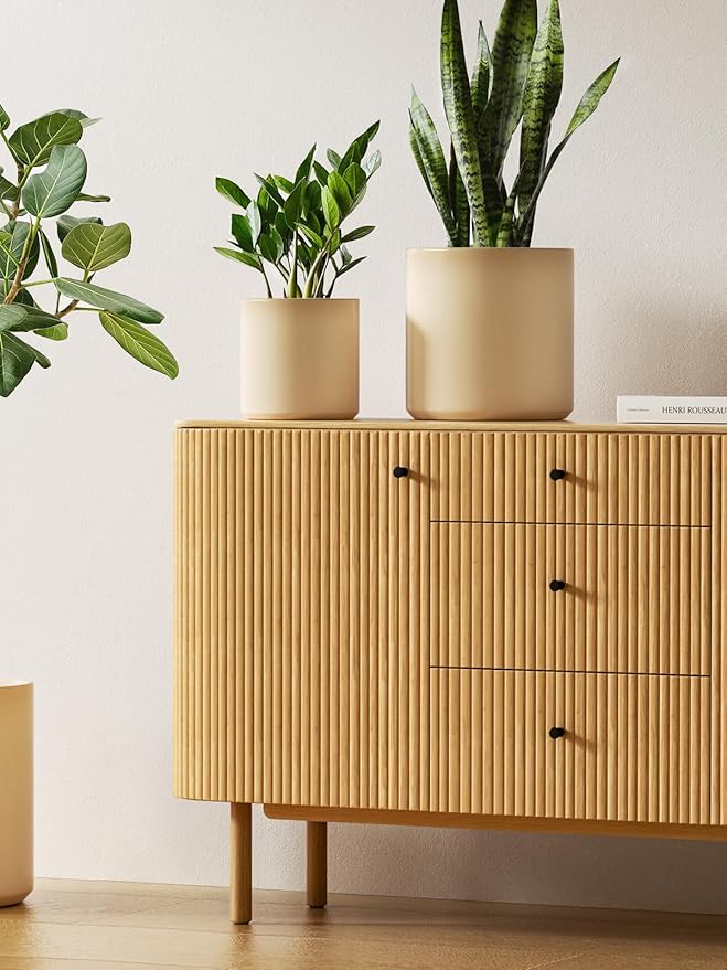 LE TAUCI Large Plant Pots Set, 10/8/6 Inch Ceramic Planters for Indoor Plants, Mid-Century Modern Planter Pots with Drainage Hole and Plug, Round Planter Pots, Set of 3, Reactive Glaze Cloud Cream