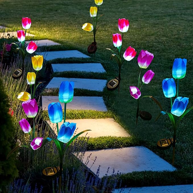 Veesee Solar Garden Stake Night Lights,Artifitical Solar Forever Tulip Flowers Lamp,Led Multi-Color Changing,Waterproof Landscape Lighting for Christmas Yard Lawn Patio Walkway Décor-Blue