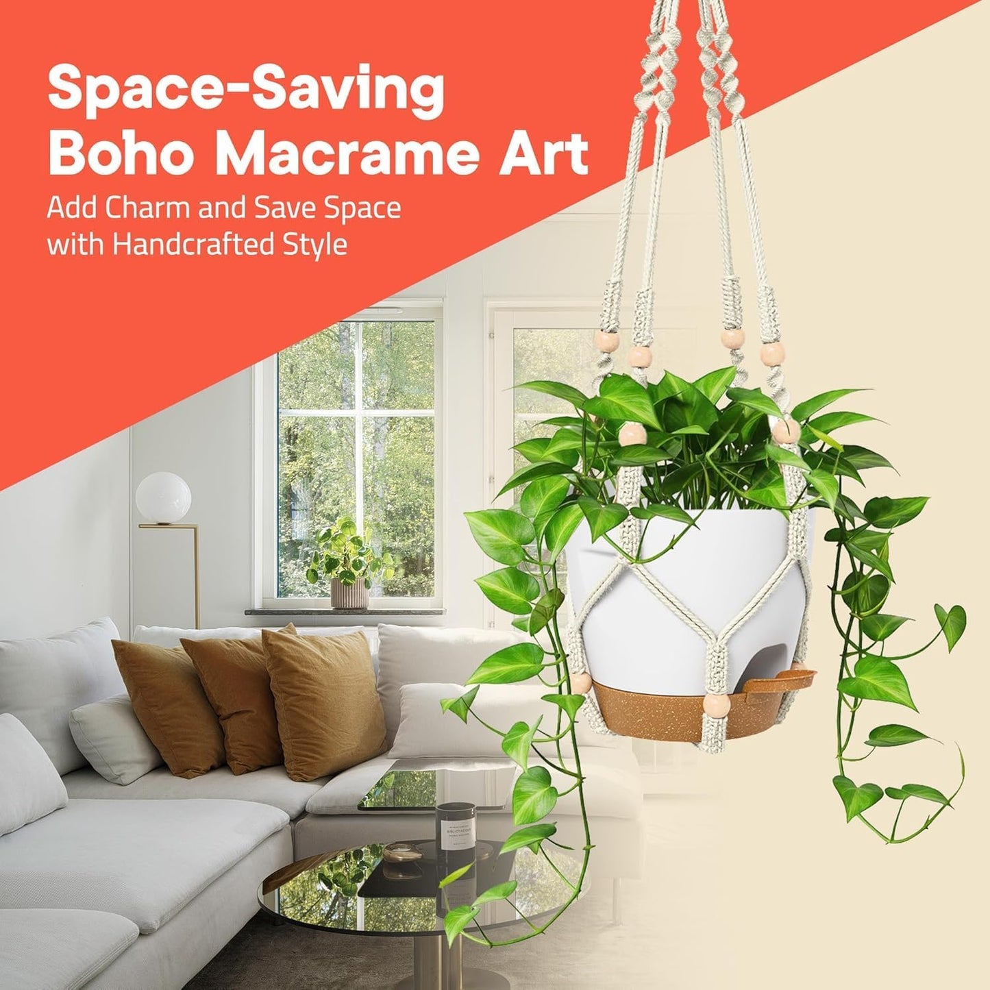 White Hanging Self Watering Pots with Macrame Ivory Rope, 3 Pack Indoor & Outdoor Hanging Plant Pots with Built-in Reservoir, Wick Rope, Drainage Holes & Hooks, Stylish Boho Decor Hanging Planter