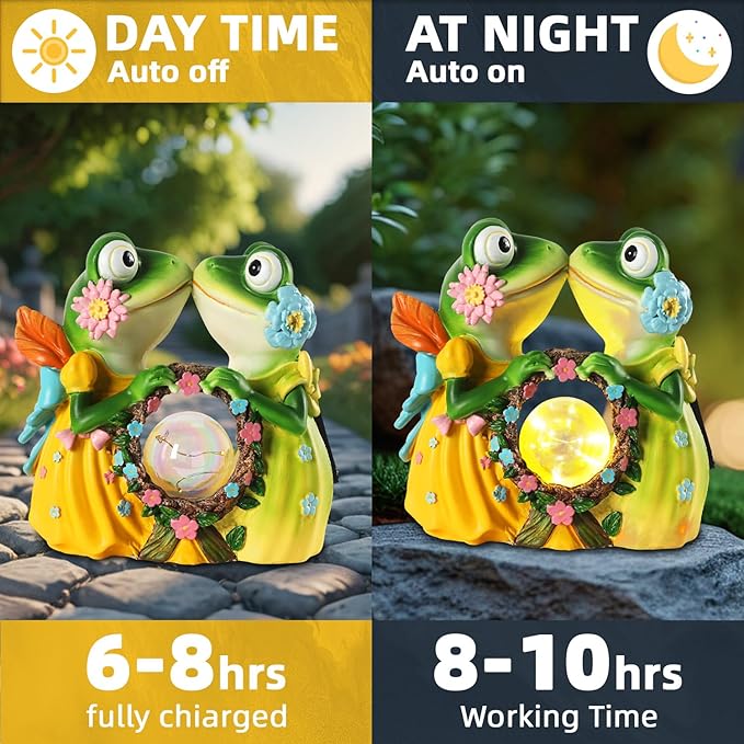 Solar Garden Decor Statue 6.5" Resin Kissing Frog Figurines with Glass Ball Waterproof Frog Decor for Outside Yard Patio Porch Decoration Gift for Mom Grandma Wife