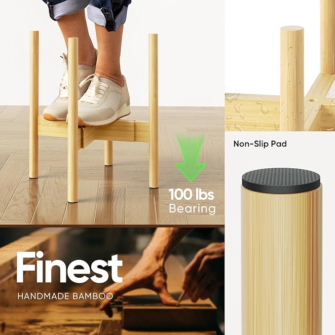 MUDEELA 2 Pack Adjustable Plant Stand Indoor, Bamboo Plant Stand 8 to 12 Inches, Single Floor Plant Stand for Indoor Plants, Natural Planter Stand for Indoor Plants, Pot Plant Not Included